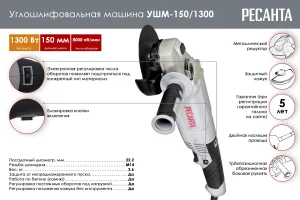 Углошлифовальная машина (болгарка) Ресанта УШМ-150/1300 75/12/6 — изображение 4