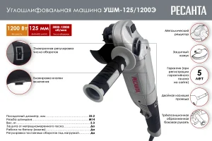 Углошлифовальная машина (болгарка) Ресанта УШМ-125/1200Э 75/12/4 — изображение 2