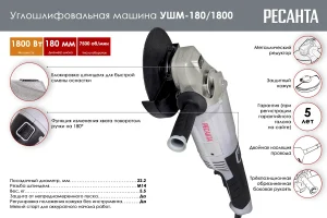 Углошлифовальная машина (болгарка) Ресанта УШМ-180/1800 75/12/8 — изображение 2